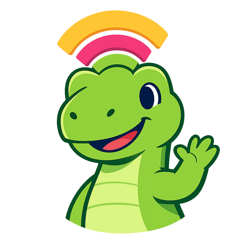 Dino, la mascota de Dyndo, saludando con ondas wifi sobre su cabeza